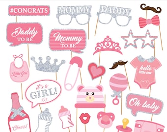 Utskrivbara silverfärgade fotobåsrekvisita för babyflicka - Fotobåsrekvisita för babyflicka - Det är en flicka-festrekvisita - Rosa babyflicka - Direktnedladdning
