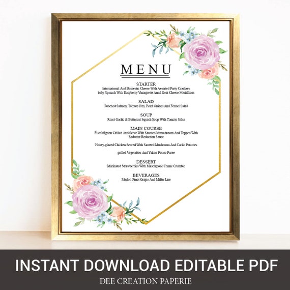 Editable Sign Floral Gold Geometric Menu Sign Garden Wedding Etsy