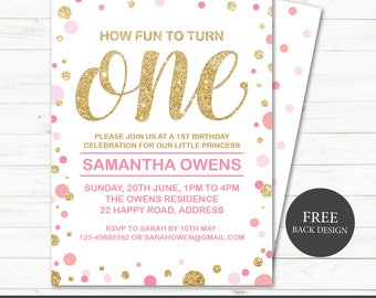 Printable ONE Invitation |  1st Birthday Party Invitation |  Girl First Birthday | gold glitter polka dot | Editable Instant download