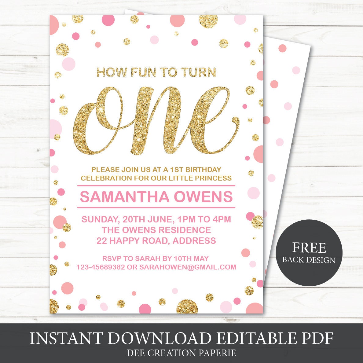 Printable ONE Invitation 1st Birthday Party Invitation Girl First Birthday Gold Glitter Polka ...