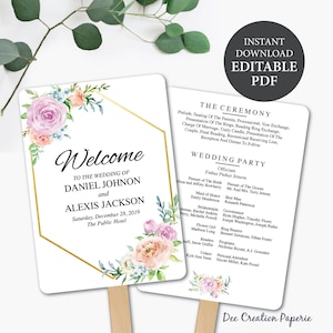 May include: A wedding programme fan with a gold geometric frame and floral illustrations. The text reads "Welcome to the wedding of Daniel Johnon and Alexis Jackson, Saturday, December 28, 2019, The Public Hotel". The back of the fan lists the wedding ceremony and reception details, including the officiant, wedding party, and readers.