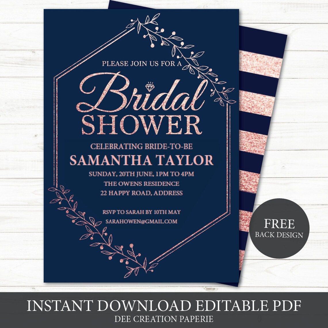 Rose Gold Bridal Shower Invitation Printable Geometric Floral ...