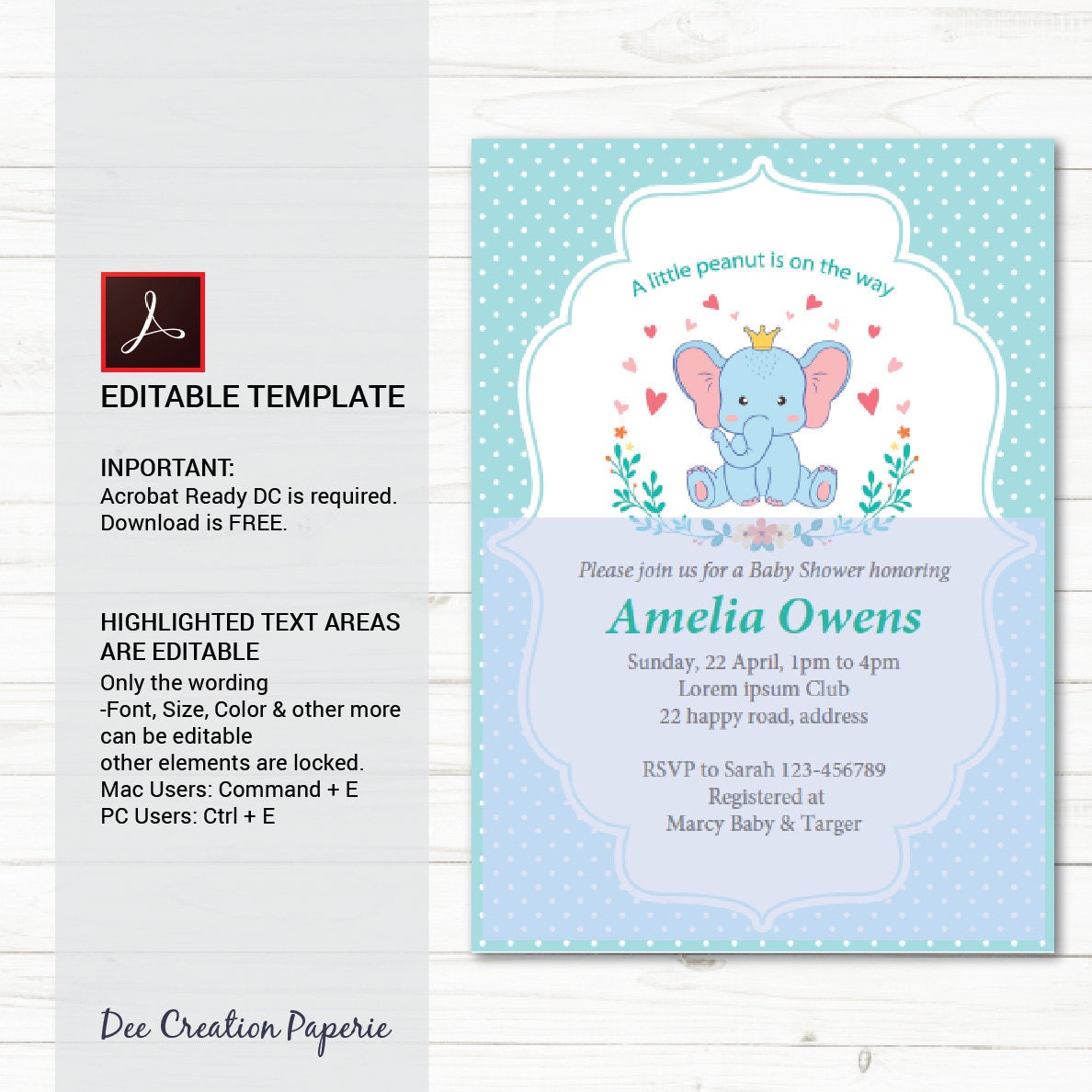 Editable Little Peanut Baby Shower Invitation, Printable Baby Shower  Template, Neutral Baby Shower Invite, Baby Elephant, Wreath Floral - Etsy  Canada