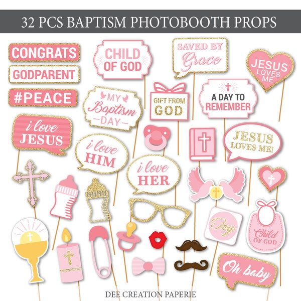 Printable Pink and Gold Baby Girl baptism Photobooth Props -Christening Photo Booth Props - baptism Props -Pink baby girl - Instant Download