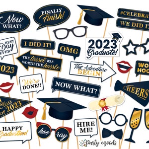 Graduation Photo Booth Printable Props - Class of 2023, Instant Download Graduation Photo Booth Props 2023, Navy Blue Graduation Party Decor