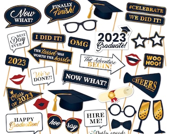 Graduation Photo Booth Printable Props - Class of 2023, Instant Download Graduation Photo Booth Props 2023, Navy Blue Graduation Party Decor