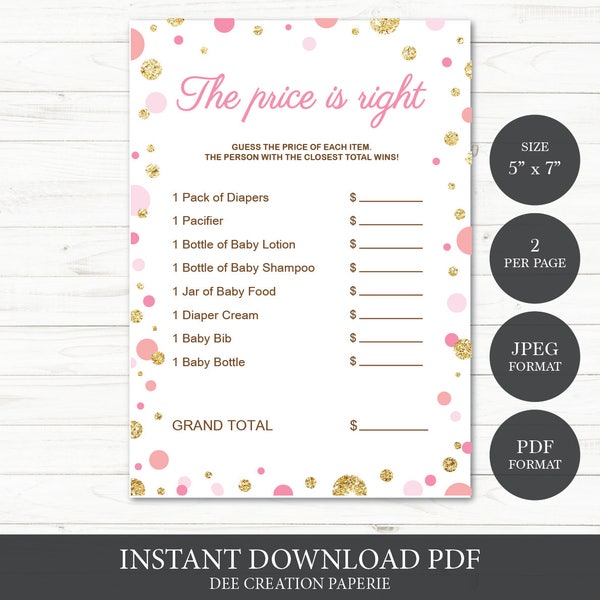 Printable The Price is Right Baby Shower Game | gold glitter pink polka dot Baby Shower Game | DIY Printable | INSTANT DOWNLOAD