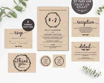 Printable wedding invitation set, Wreath Kraft Invitation, Rustic Wedding Invitation, Wedding Invitation Printable, Wreath wedding invite