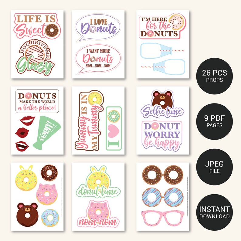 Printable Donut Photo Booth Props, Photo Booth Props, Donut Birthday ...