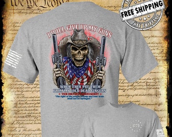 2nd Amendment Cowboy 2-Sided T-Shirt American Flag Bandana Revolvers - I'll Give Up My Guns...