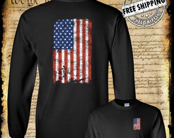 Distressed American US Flag 2-Sided Long Sleeve T-Shirt - Patriotic 4th of July USA Military