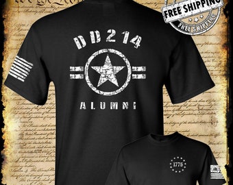 DD214 Alumni 2-Sided T-Shirt / US Army Marines Navy Military Coast Guard Flag