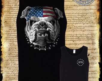 AMERIKAANSE Bulldog 2-Zijdig Tank Top T-Shirt / USA Vlag Patriottische Honden van Oorlog Militair