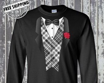 Plaid Tuxedo Novelty Long Sleeve T-Shirt - Funny Tux Wedding Graduation Bachelor Party Gift