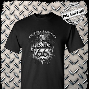 Camiseta con estampado frontal de la Ruta 66 con águila y tradición americana para motociclistas de EE. UU.
