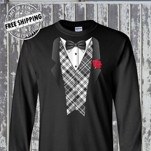 Plaid Tuxedo Novelty Long Sleeve T-Shirt - Funny Tux Wedding Graduation Bachelor Party Gift