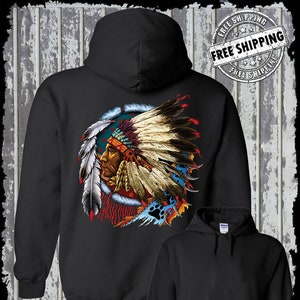 May include: Black hooded sweatshirt featuring a graphic print of a Native American chief wearing a headdress. The graphic is surrounded by feathers and a dreamcatcher. The text "Kinsman Trading Co. LLC" is printed below the graphic.