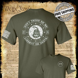 Don&#39;t Tread On Me LIBERTY or DEATH Rattlesnake 2-Sided T-Shirt 2nd Amendment USA