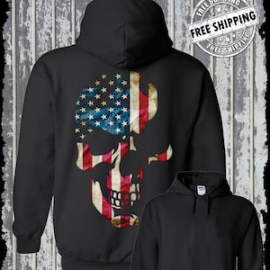 AMERICANA SKULL Hoodie / Sweatshirt Patriotic United States American Flag Biker
