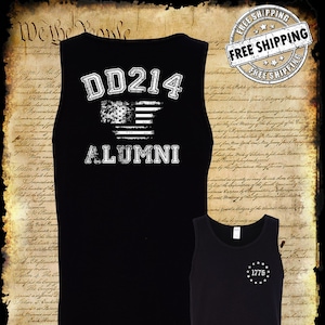DD214 Alumni US Flag Military 2-Sided Tank Top T-Shirt Army Marines Navy Veteran USA