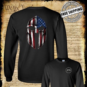 American Flag Gladiator / Spartan Helmet 2-Sided Long Sleeve T-Shirt - Freedom USA Pride