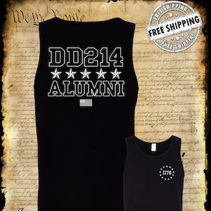 DD214 Alumni Stars USA Flag Military 2-Sided Tank Top T-Shirt Army Marines Navy Veteran
