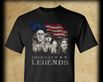 Three Stooges AMERICAN LEGENDS T-Shirt / Mt Rushmore Curly Moe Larry Shemp U.S.A. Flag