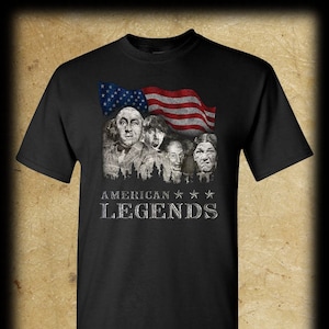 Three Stooges AMERICAN LEGENDS T-Shirt / Mt Rushmore Curly Moe Larry Shemp U.S.A. Flag