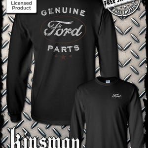 May include: Black long-sleeved shirt with the Ford logo on the chest and a back design reading "GENUINE Ford PARTS." The shirt is an official licensed product.