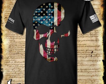 AMERICANA SKULL T-Shirt Patriotic United States American Flag Biker Tee USA