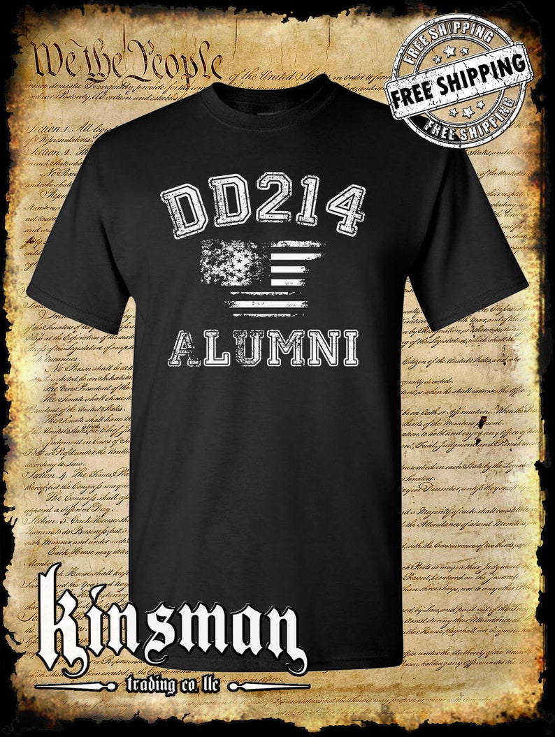 DD214 Alumni Flag T-shirt militaire américain Army Marines Navy Air Force Veteran Noir