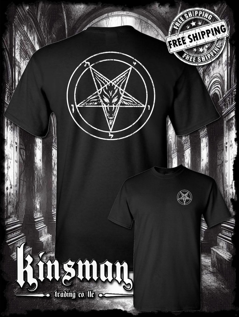 Camiseta con logo desgastado de doble cara del pentagrama satánico de Baphomet