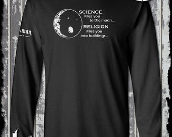 Camiseta de manga larga "La ciencia te lleva a la luna", "La religión en los edificios" - Ateo agnóstico