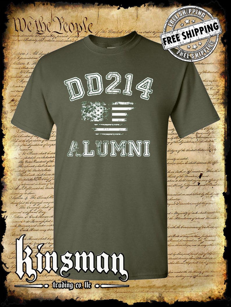 DD214 Alumni Flag T-shirt militaire américain Army Marines Navy Air Force Veteran Military Green