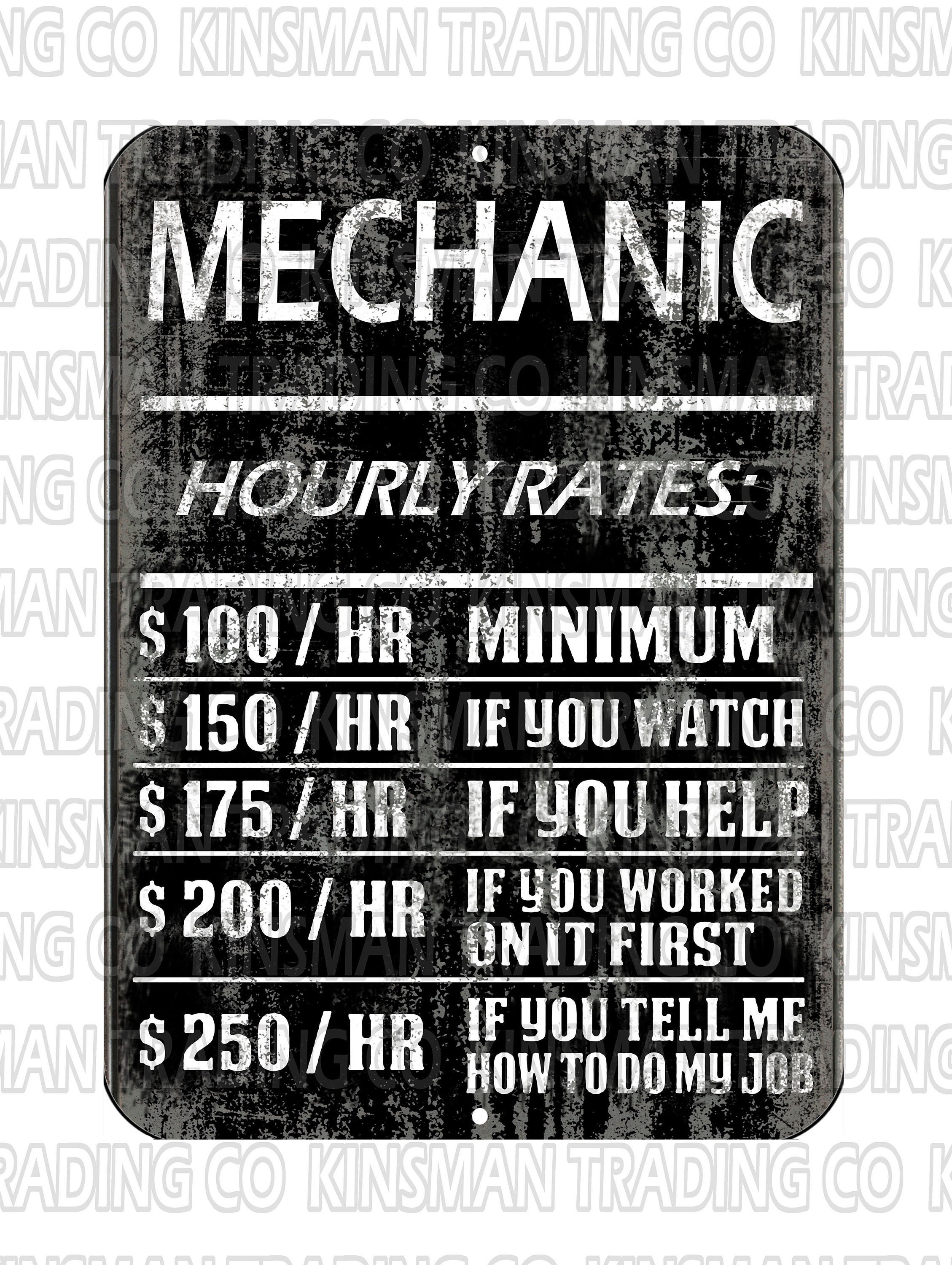 Mechanic Hourly Rate Funny Metal 9x12 Sign Garage Repair Shop Hot Rod ...