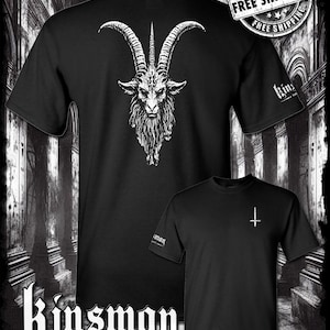May include: Black t-shirts featuring a white goat head graphic and a white sword. The shirts have the text "Kinsman trading co llc" and "Free Shipping" on them. The shirts are displayed against a dark background.