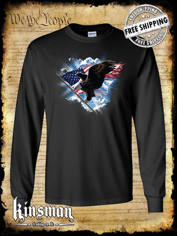 Patriotic Flying Eagle Long Sleeve T-shirt USA American Flag 4th