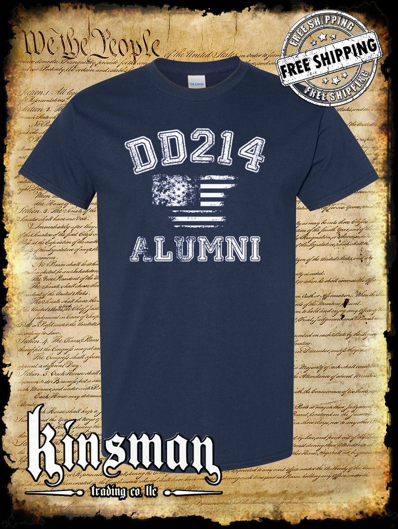 DD214 Alumni Flag US Military T-Shirt Army Marines Navy Air Force Veteran Navy Blue