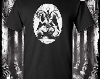 May include: Black t-shirt with a white graphic of a goat-headed figure with horns and wings. The figure is sitting on a throne with a pentagram symbol. The text "Kinsman Trading Co. LLC" is printed on the bottom of the shirt.