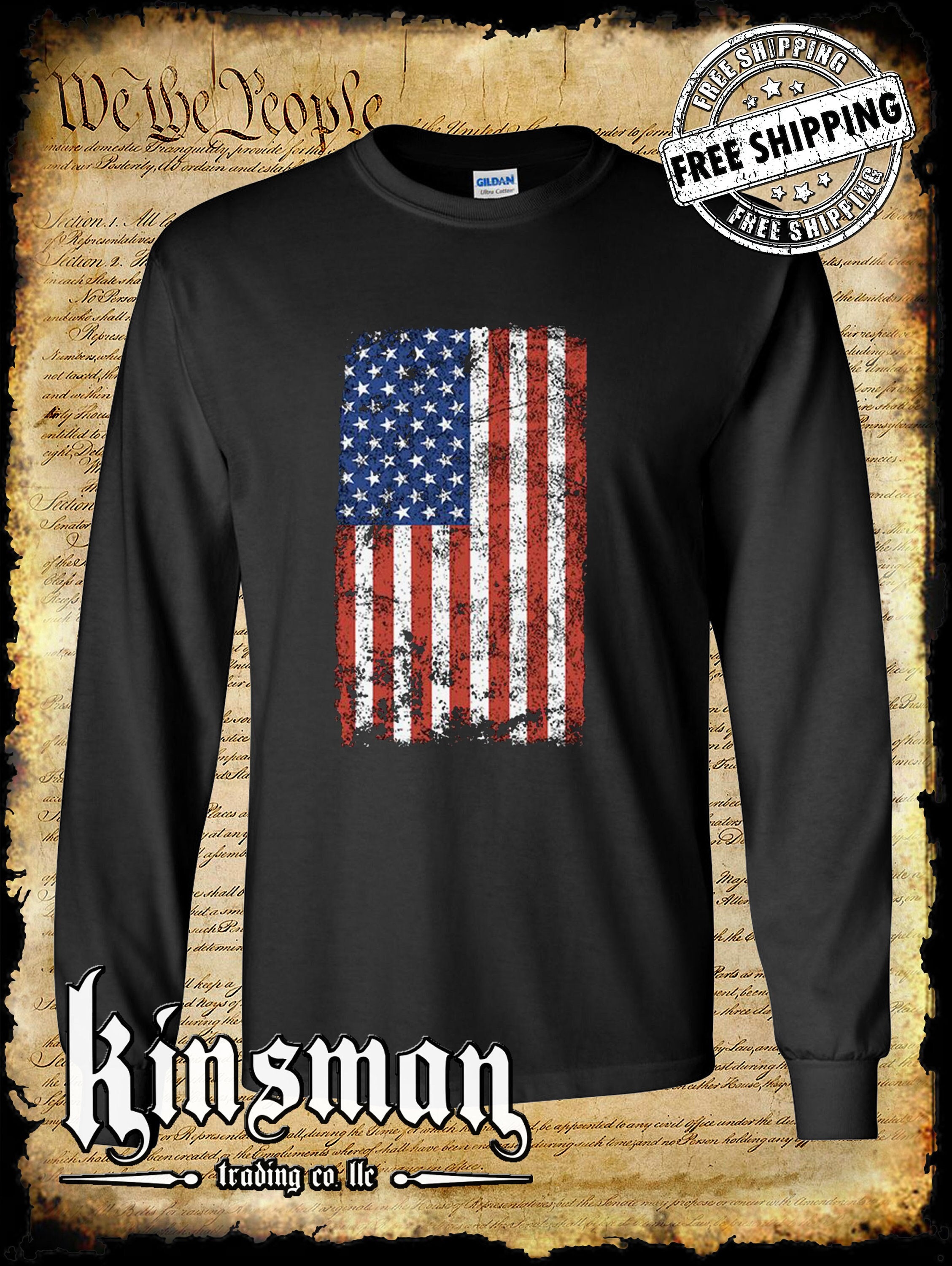 American Flag Long Sleeve T Shirt Distressed American US Flag Long