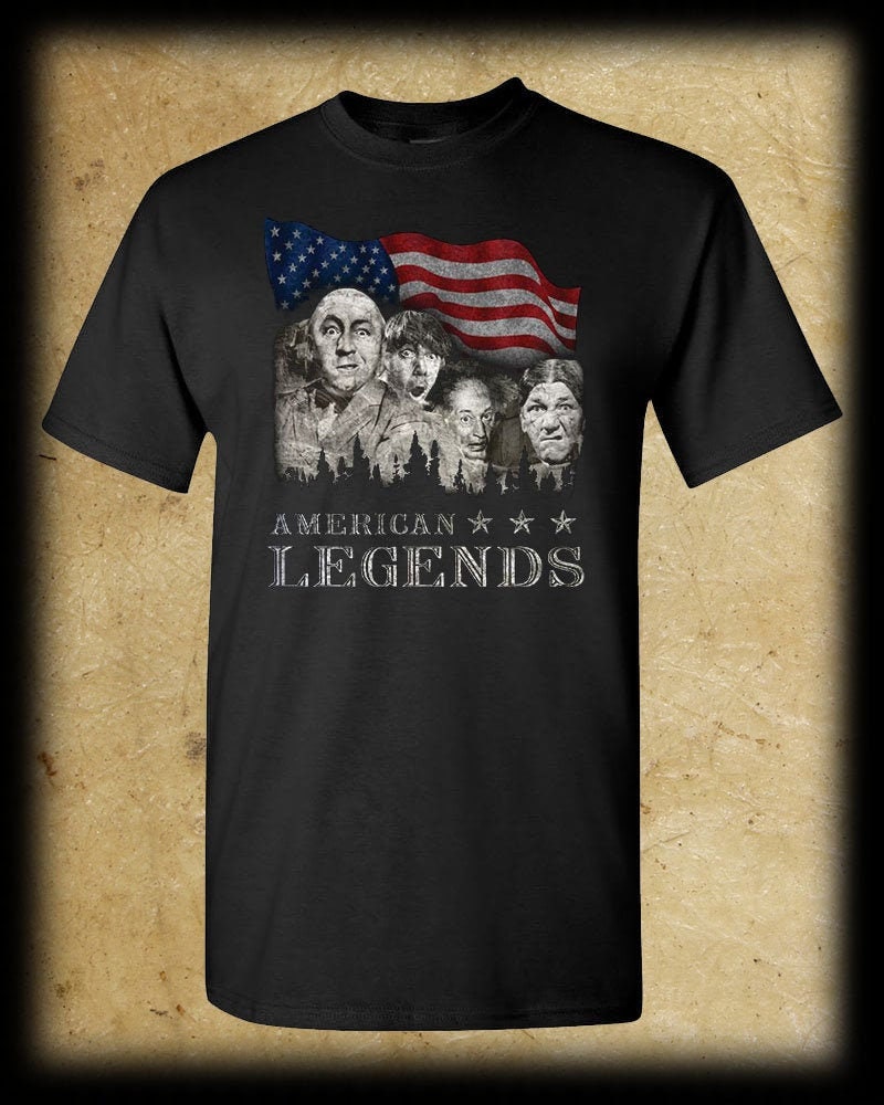 Three Stooges AMERICAN LEGENDS T-Shirt / Mt Rushmore Curly Moe Larry Shemp U.S.A. Flag
