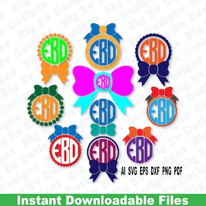 May include: A set of nine monogram designs featuring the letters "EBD" in a circle with a bow. The designs are in various colors, including green, orange, blue, pink, red, and purple.