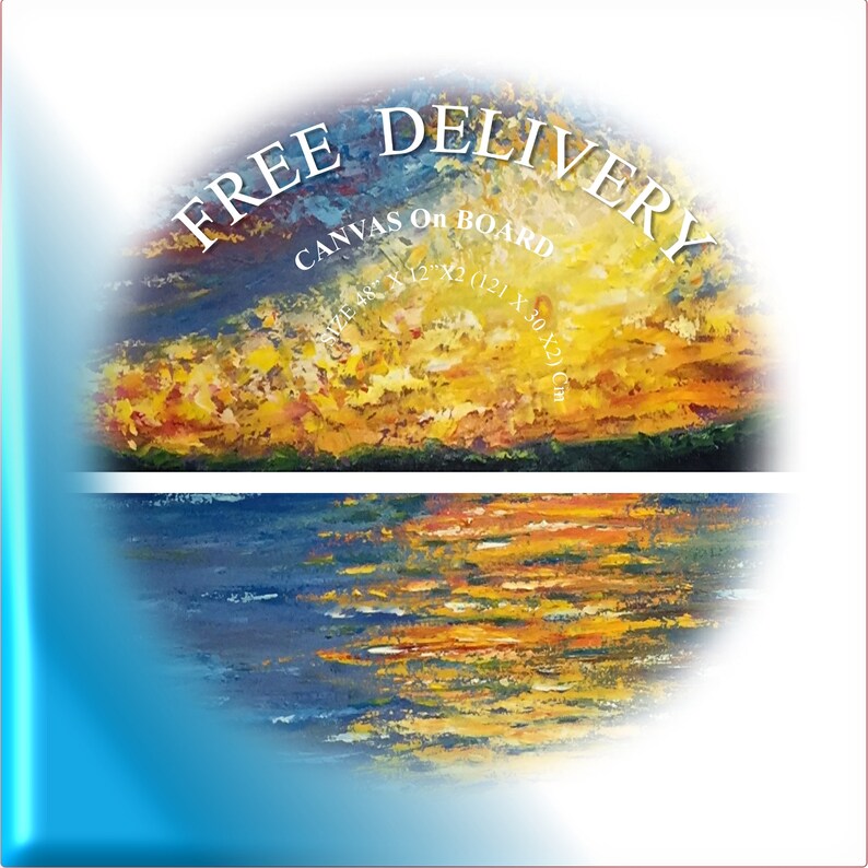 Pode incluir: Uma pintura em tela que retrata um p&ocirc;r do sol sobre um corpo de &aacute;gua. O c&eacute;u &eacute; uma mistura de laranja, amarelo e vermelho, com nuvens que se refletem na &aacute;gua. O texto "FREE DELIVERY CANVAS ON BOARD SIZE 12" X 12" (21 X 30 X 2) CM" &eacute; vis&iacute;vel na parte superior da imagem.