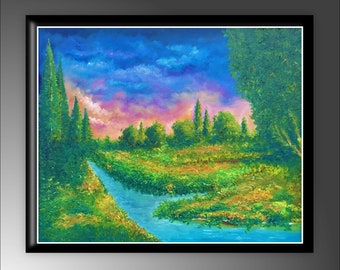 spring time, landscape in spring, oil painting on canvas.