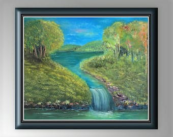 waterfall spring landscape painting , original oil painting.