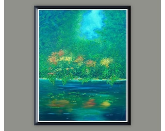 landscape on canvas, wall art in fall, river view .