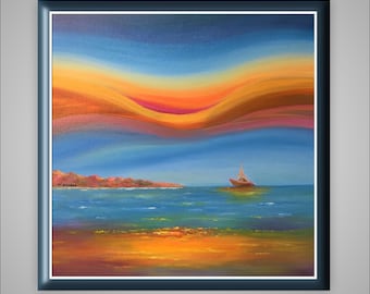 original seascape painting,  sea sunset original oil painting.