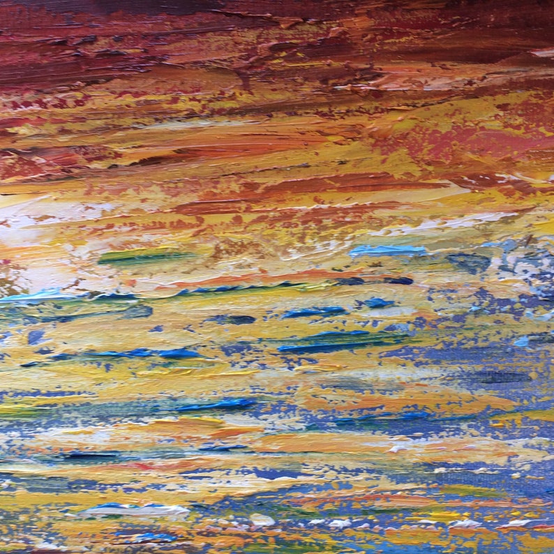 Pode incluir: Pintura abstrata com pinceladas grossas em tons de vermelho, laranja, amarelo, azul e branco. A pintura representa um p&ocirc;r do sol sobre um corpo de &aacute;gua.