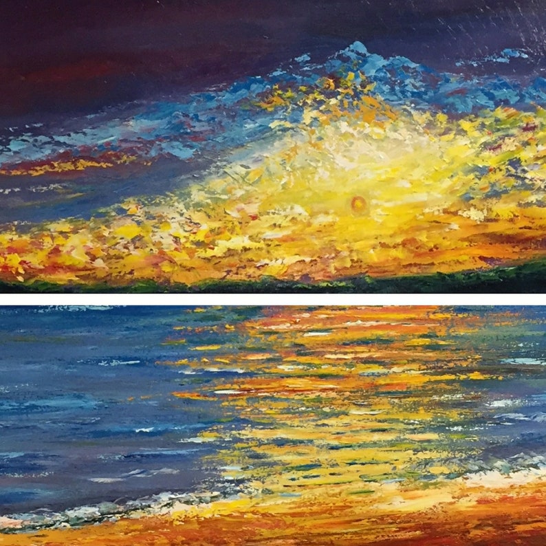 Pode incluir: Uma pintura de um p&ocirc;r do sol sobre o oceano. O c&eacute;u &eacute; uma mistura de roxo, azul e amarelo, com um sol amarelo brilhante brilhando atrav&eacute;s das nuvens. O oceano &eacute; azul profundo, com veios de amarelo e laranja refletindo o p&ocirc;r do sol.