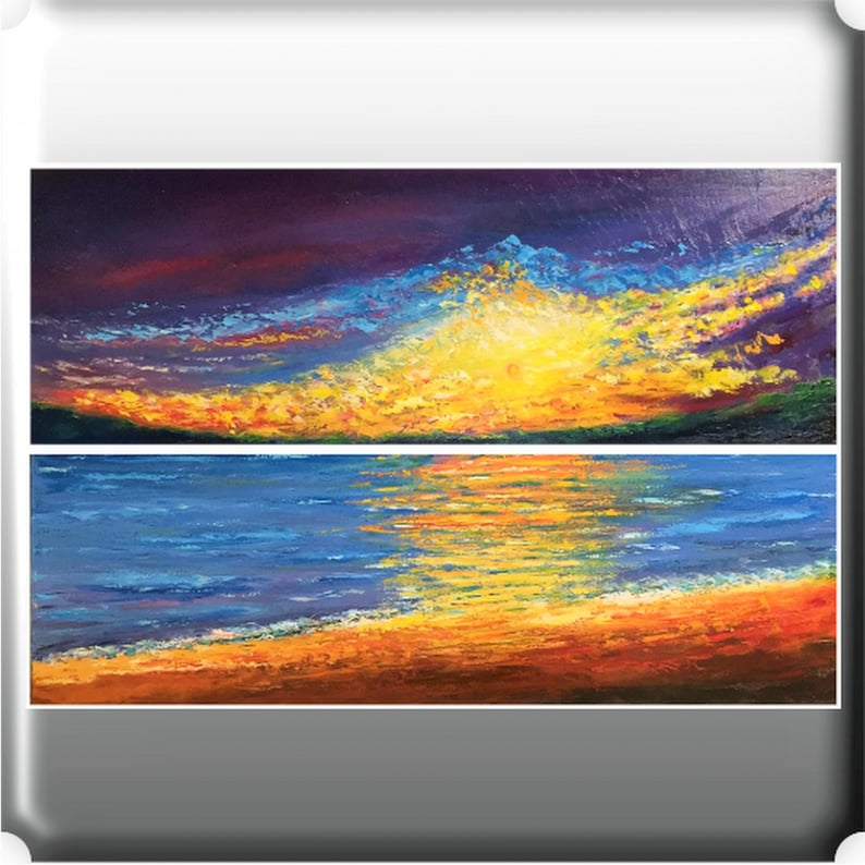 Pode incluir: Uma pintura de um p&ocirc;r do sol sobre o oceano. O c&eacute;u &eacute; uma mistura vibrante de roxo, laranja e amarelo, com nuvens fofas. O oceano &eacute; azul profundo, refletindo as cores do c&eacute;u. A praia &eacute; marrom arenosa.